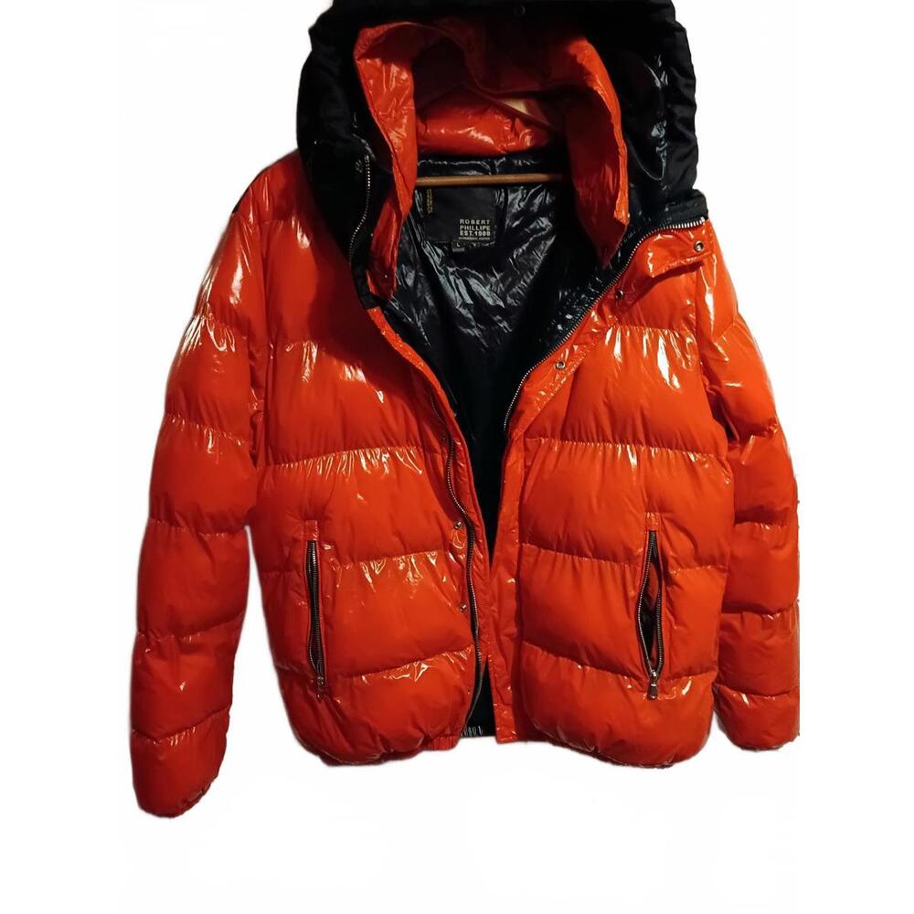 Robert Phillipe Men's Large Orange and Black Puffer Jacket